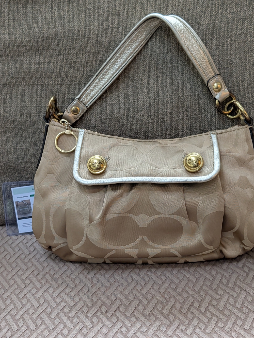Coach Tan Signature Canvas Hobo Bag with Gold Hardware